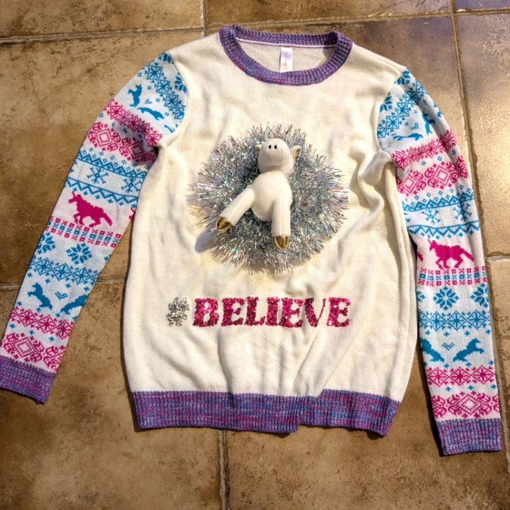 Holiday Sweater w. Crew neck. Guaranteed Ugly w. Sparkles and an ivory unicorn.
